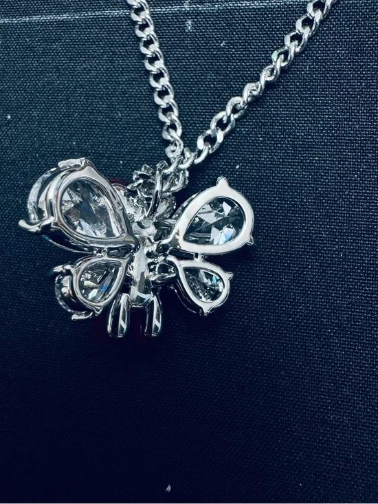 Women's Silver Chain Necklace with Burgundy Velvet Teddy and Crystal Wings - Picture 5 of 8